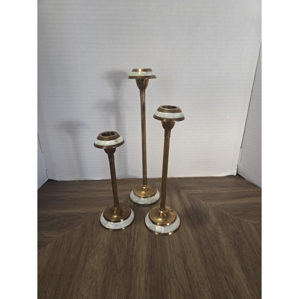 Set of 3 brass Taper Candle holders, mother of pearl inlay, vintage, dark, vamp